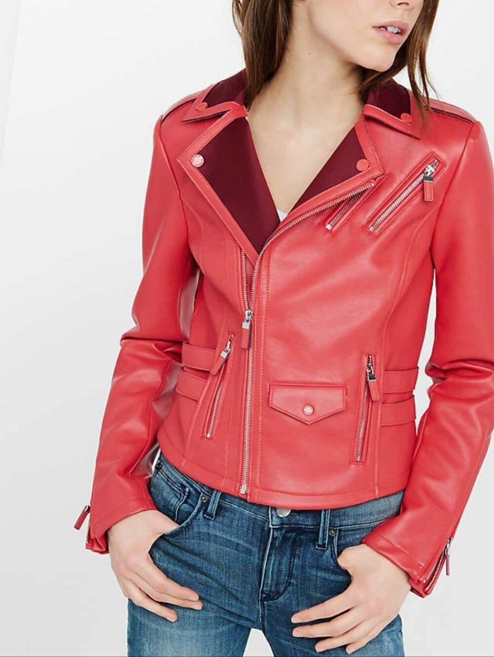 NWT Express (MINUS The) Leather Red Color Block Moto Jacket